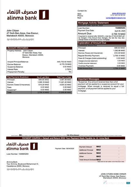 Download Morocco Al Inma Bank mortgage statement Word and PDF template Photoshop template